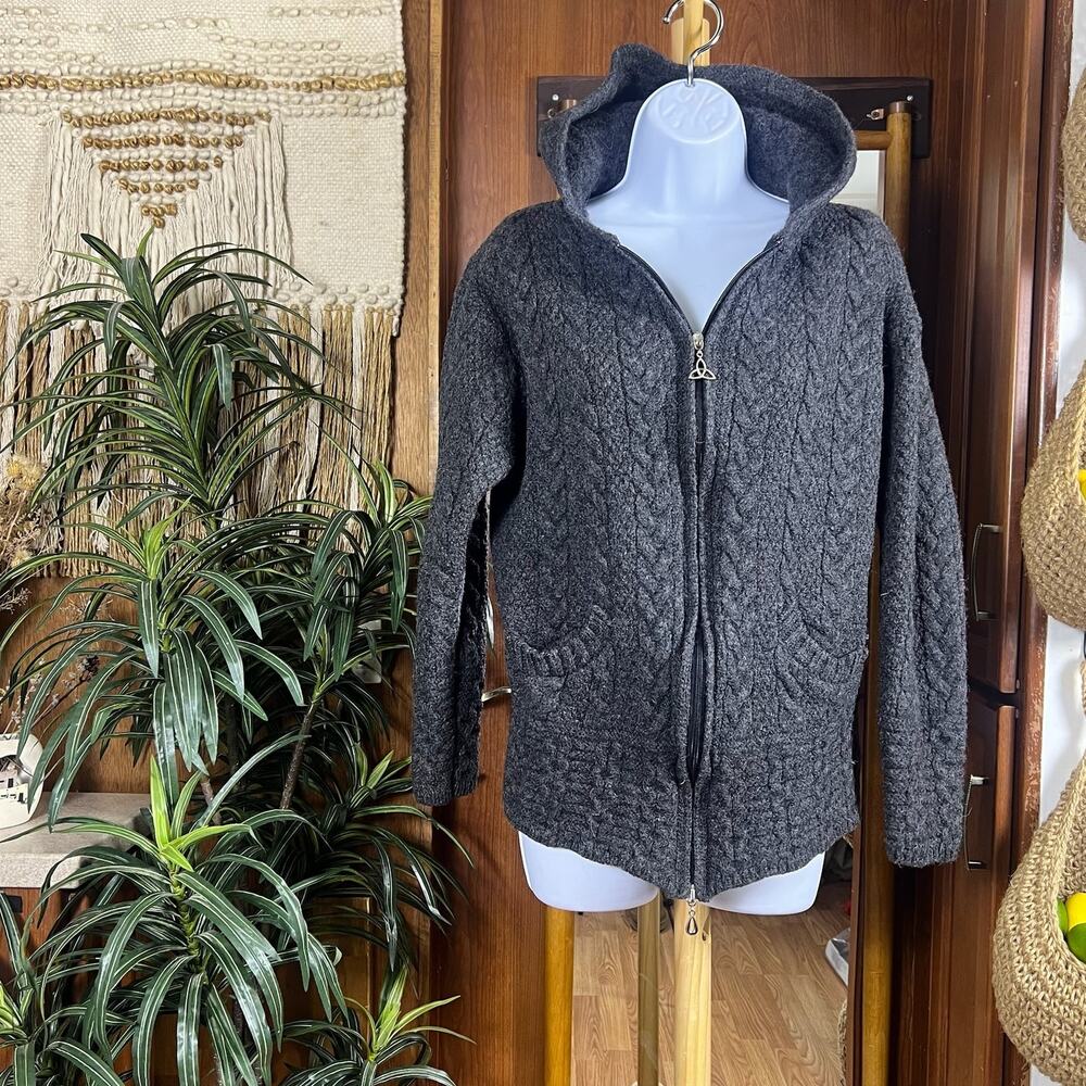 Vintage Inis Crafts Irish Merino Wool Zip Hoodie S | Felted Cable Cardigan Grey